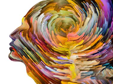 Rahatsız edici Düşünceler serisi. İnsan yüzü siluetinin içinde hareket halindeki kalın boya. İç dünya, zihin, psikoloji, depresyon, anksiyete, zihinsel hastalık, yaratıcılık ve soyut sanat konularındaki sanat çalışmaları.