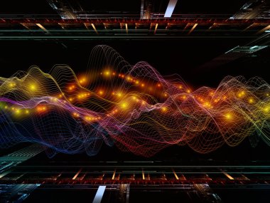 Uzay Sinyali. Sanal Dalga serisi. Veri transferi teması üzerine yatay sinüs dalgaları ve ışık parçacıklarının düzenlenmesi, sanal, yapay, matematiksel gerçeklik.