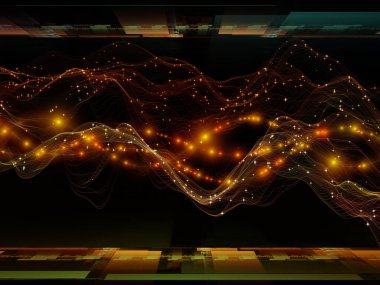 Uzayda veri. Sanal Dalga serisi. Veri transferi, sanal, yapay, matematiksel gerçeklik projeleri için yatay sinüs dalgaları ve ışık parçacıklarından oluşan arkaplan.