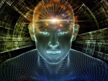 Aydınlanmış düşünce. Bilinçli Zihin serisi. Yapay zeka, insan bilinci ve ruhani yapay zeka için üç boyutlu parlayan tel örgü insan yüzüyle ilgili soyut tasarım.