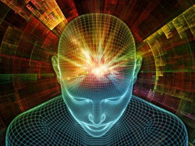 Parlak Düşünce. Bilinçli Zihin serisi. Yapay zeka, insan bilinci ve manevi yapay zeka için 3 boyutlu parlayan tel örgü insan yüzü bileşimi