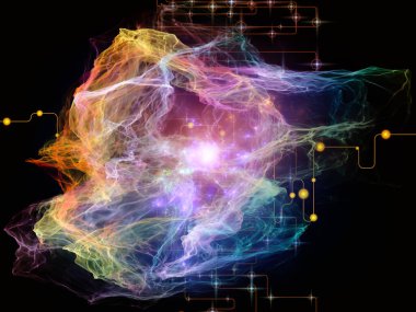 Ağ Tesadüfçülüğü serisi. Modern teknoloji ve bilimsel araştırma konularında organik fraktal geometri, ağ çizgileri ve ışıkların arka planı.