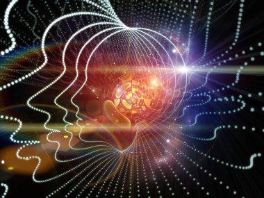 Sanal Zihinler serisi. Eğitim, bilim ve bilinç konularındaki insan yüzü profilleri ve soyut öğeler.