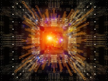 İşlemcinin özeti, fraktal geometri ve bilgisayar bilimi ve teknolojisi konularındaki ışıkların soyut 3D çizimi