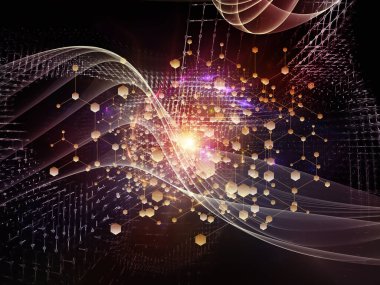 Soyut Ağ Sistemi. Bilim, eğitim ve modern teknoloji konularındaki parçacıklar, ışıklar ve soyut element bileşimi.