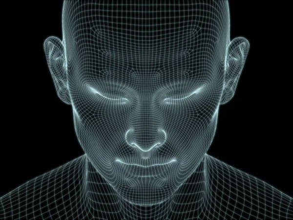 人間の顔をクローズアップ3D技術 コンピュータサイエンスのイラストで使用するためのワイヤメッシュのレンダリング — ストック写真