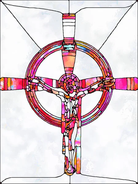 スペクトルカラー ステンドグラスシリーズのクロス キリスト教と自然界の十字架刑の断片化された団結のトピックに有機的な教会の窓の色パターンで構成された芸術的抽象化 — ストック写真