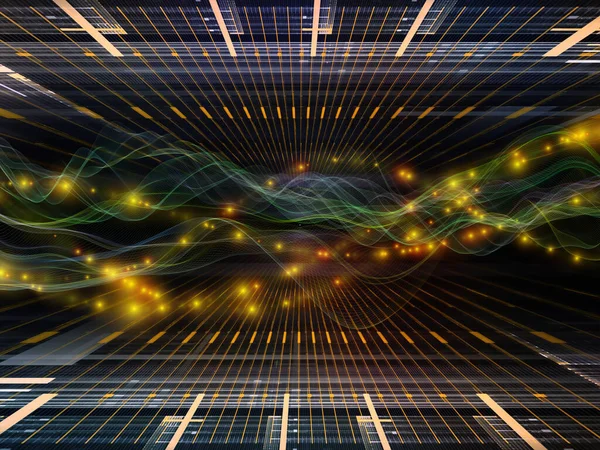 虚拟微观世界虚拟浪潮系列 与数据传输有关的水平正弦波和光粒子的三维说明 虚拟的 人工的 数学的现实 — 图库照片