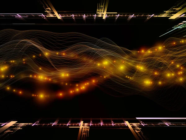 仮想現実 仮想波シリーズ データ転送 数学的現実に関連して水平正弦波と光粒子の構成 — ストック写真