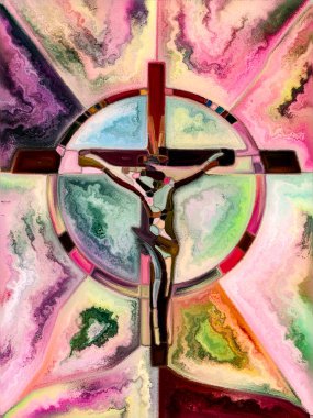 İnanç dokusu. Lekeli Camların Haçı serisi. İsa ve Doğa 'nın çarmıha gerilmesinin parçalanmış birliği üzerine projeler için organik kilise pencere desenlerinin yaratıcı düzenlenmesi