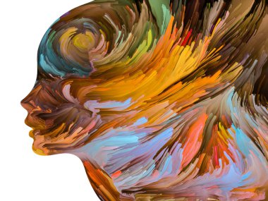 Rahatsız edici Düşünceler serisi. İnsan yüzü siluetinde desenli boya hareket halinde. İç dünya, zihin, psikoloji, depresyon, anksiyete, zihinsel hastalık, yaratıcılık ve soyut sanat konularındaki sanat çalışmaları.