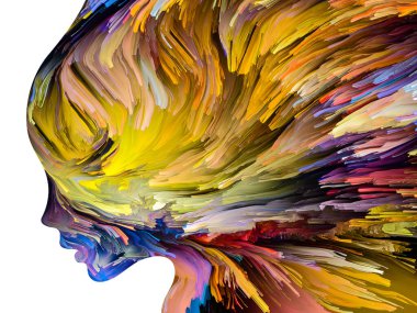 Rahatsız edici Düşünceler serisi. İnsan yüzü siluetinin içinde hareket halindeki kalın boya. İç dünya, zihin, psikoloji, depresyon, anksiyete, zihinsel hastalık, yaratıcılık ve soyut sanat konularındaki sanat çalışmaları.