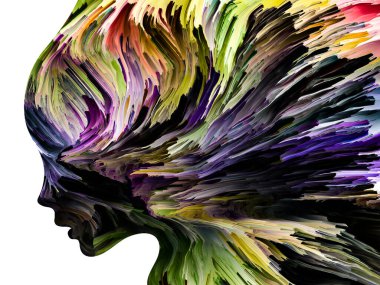 Rahatsız edici Düşünceler serisi. İnsan yüzü siluetinin içinde hareket halindeki kalın boya. İç dünya, zihin, psikoloji, depresyon, anksiyete, zihinsel hastalık, yaratıcılık ve soyut sanat konularındaki sanat çalışmaları.