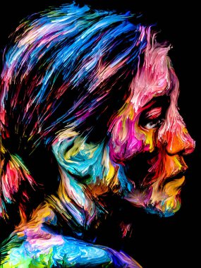 Renk serisi insanları. Yaratıcılık, hayal gücü ve sanat konularında genç bir kadının renkli ve soyut portresi.