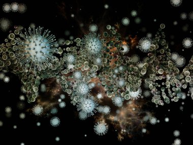 Coronavirus Matematik. Viral Salgın Serisi. Virüs, salgın, enfeksiyon, hastalık ve sağlık konuları için 3 boyutlu Coronavirus parçacıkları ve mikro uzay elementleri