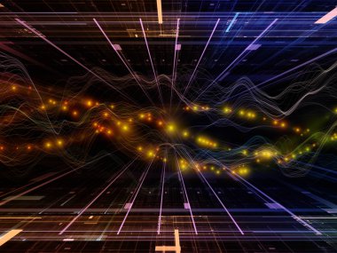 Uzay Geometrisi. Sanal Dalga serisi. Veri transferi, sanal, yapay, matematiksel gerçeklik konularındaki yatay sinüs dalgaları ve ışık parçacıklarının sanatsal soyutlanması.