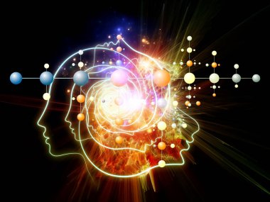 Zihin Anıtı serisi. Zeka, teknoloji, bilim ve eğitim konularındaki moleküler yapıların, ışıkların ve insan çizgilerinin etkileşimi