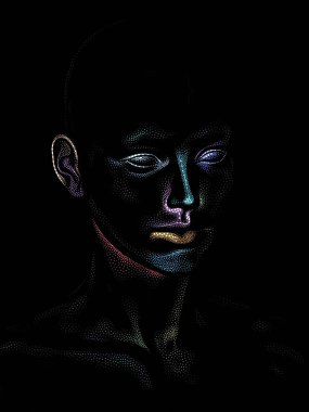 Nokta Hazırlama serisi. Bir insan modelinin 3 boyutlu görüntüleme tekniği noktalama tekniğiyle uygulanır..