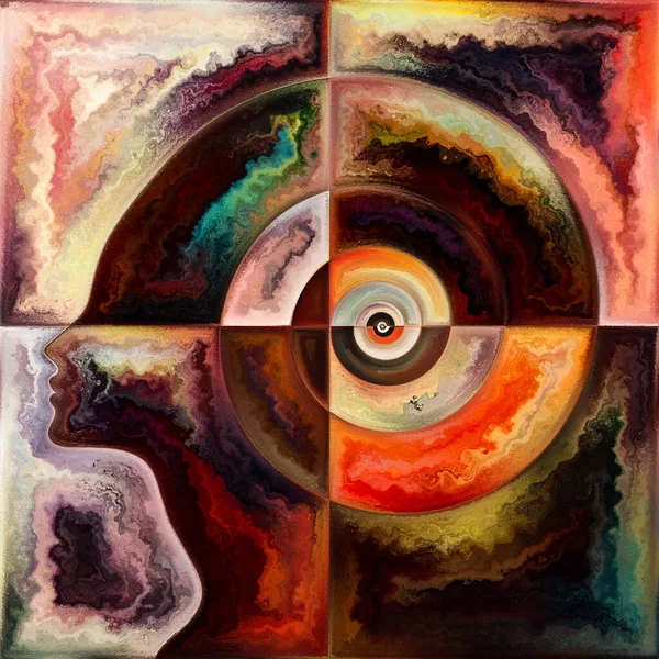 Innere Spiralreihe Malerei Menschlicher Gesichtszüge Und Geometrischer Strukturen Zum Thema — Stockfoto
