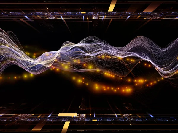 Űrgeometria Virtuális Hullám Sorozat Vízszintes Szinuszhullámok Fényrészecskék Művészi Absztrakciója Adatátvitel — Stock Fotó