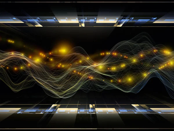 Raumgeometrie Virtuelle Welle Künstlerische Abstraktion Von Horizontalen Sinuswellen Und Lichtteilchen — Stockfoto