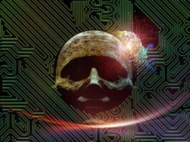 Yapay Zeka İzleme. Androidlerin yüzü, elektrik devresi ve yapay zeka, modern teknoloji ve bilgisayar konularındaki soyut ışıkların bileşimi. 3B Görüntü