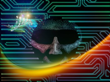 Yapay Zeka İzleme. Androidlerin yüzü, elektrik devresi ve yapay zeka, modern teknoloji ve bilgisayar konularındaki soyut ışıkların bileşimi. 3B Görüntü