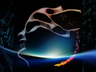 Sentetik Zihnin Görünüşü. İnsan yüzünün 3 boyutlu tasviri, soyut şafak ışıkları ve makine öğrenme, modern teknoloji, eğitim ve bilgisayar konularındaki sayılar sütunu