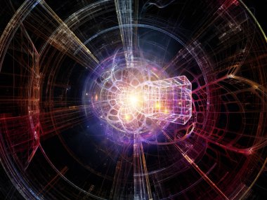 Uzayda üç boyutlu geometri yapısı eğrildi. Teknoloji, bilim, eğitim ve araştırma konularındaki illüstrasyon.