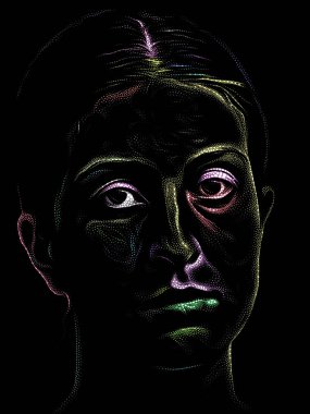 Kişilik Çalışmaları serisi. Sanat, şiir ve tiyatro projelerinde kullanılmak üzere Benekleme Tekniğiyle idam edilen genç bir kadının yüzü.