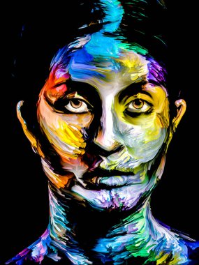 Renk serisi insanları. Yaratıcılık, hayal gücü ve sanat konularında genç bir kadının renkli soyut portresi.