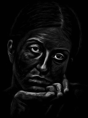 Benekli Portre serisi. Sanat, iç dünya ve insan ruhu üzerine geleneksel noktacı tarzıyla yapılmış genç bir kadının yüz çalışması..