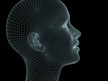 Teknoloji, eğitim ve bilgisayar bilimleri illüstrasyonlarında kullanılmak üzere insan yüzünün tel örgüsü içinde 3B görüntüsü