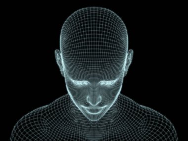 Teknoloji, eğitim ve bilgisayar bilimleri illüstrasyonlarında kullanılmak üzere insan kafasının tel örgüsü içinde 3B görüntüsü