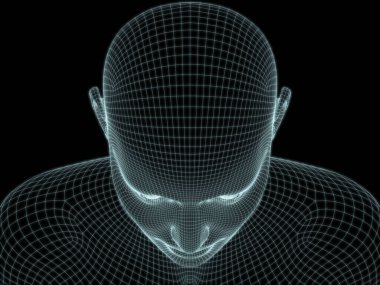 İnsan kafasının teknoloji, eğitim ve bilgisayar bilimleri illüstrasyonlarında kullanılmak üzere tel örgüde 3 boyutlu görüntülenmesi