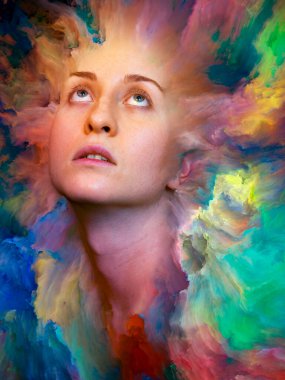 Dış serinin içinde. Duygular, duygular, iç dünya, yaratıcılık ve hayal gücü konularında bir metafor olarak kadın portresinin canlı resimlerle kaynaşmış yaratıcı düzenlemesi.