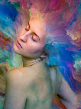 Onun Dünya serisi. Kadın portre tasarlamak zemin inşaat üstünde duygular, duygular, iç dünya, yaratıcılık ve hayal gücü için canlı boya ile erimiş