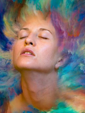 Onun Dünya serisi. Kadın portre konusu duygular, duygular, iç dünya, yaratıcılık ve hayal gücü için canlı boya ile erimiş grafik bileşimi