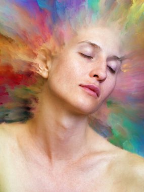 Dünya serisi. Kadın portresinin arka plan tasarımı duygular, duygular, iç dünya, yaratıcılık ve hayal gücü üzerine canlı boyalar ile kaynaştırılmış.