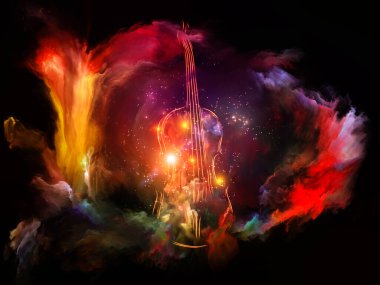 Müzik, sanat ve yaratıcılık konularında renkli keman ve fraktal boya soyutlaması. 3B Görüntü.