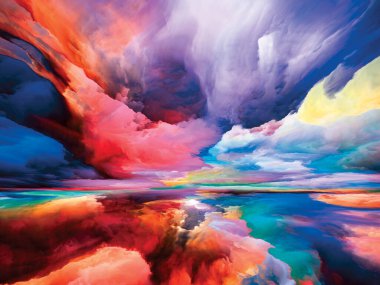 Ahiret Bulutları. Gerçekliğe Kaçış dizisi. Manzara resimleri, hayal gücü, yaratıcılık ve sanat projelerinde kullanılmak üzere gerçeküstü gün batımı renklerinin ve dokuların arkaplanı