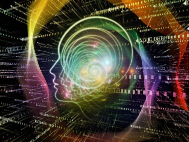 Düşünme serisinin yörüngeleri. İnsan kafasının 3 boyutlu yorumlanması ve teknoloji ve eğitim konusunun ana hatları.