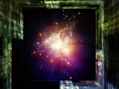 Sanal alan ve bilgi teknolojisi üzerinde kare fraktal çerçeve ve soyut parlayan yapı bileşimi