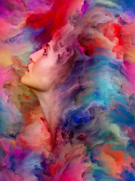 Woman\'s World series. Artistic abstraction composed of female portrait fused with vibrant paint on the subject of feelings, emotions, inner world, creativity and imagination