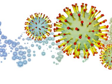 Coronavirus Evreni. Viral Salgın Serisi. Virüs, salgın, enfeksiyon, hastalık ve sağlık konularında çalışmalar için 3 boyutlu Coronavirus parçacıkları ve mikro uzay elementleri