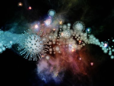 Coronavirus Mantığı. Viral Salgın Serisi. Virüs, salgın, enfeksiyon, hastalık ve sağlık teması üzerine 3 boyutlu Coronavirus parçacıkları ve mikro uzay elementleri