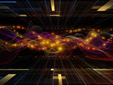 Uzayda aktarım. Sanal Dalga serisi. Veri transferi, sanal, yapay, matematiksel gerçeklik için yatay sinüs dalgalarının ve ışık parçacıklarının 3D görüntülenmesi.