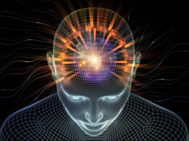 Dijital Düşünceler. Bilinçli Zihin serisi. Parlayan kablonun 3 boyutlu görüntülenmesi yapay zeka, insan bilinci ve ruhani yapay zeka projelerinde kullanılmak üzere insan yüzünü örgüler.