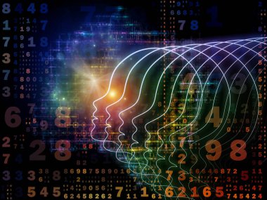 Zihin serisinin doğuşu. Genel yapay zeka ve modern teknoloji üzerine insan kafası siluetleri ve sayı şebekelerinin arka planı.