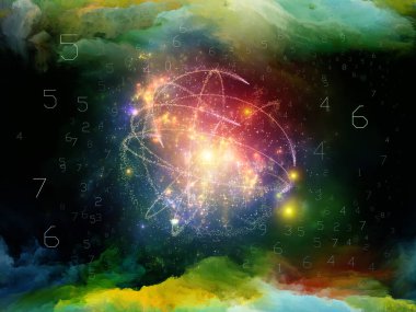 Dijital Bulut serisi. Renkli fraktal bulutların arka planına karşı rakamların küresel yayımlayıcısının görüntüsü.